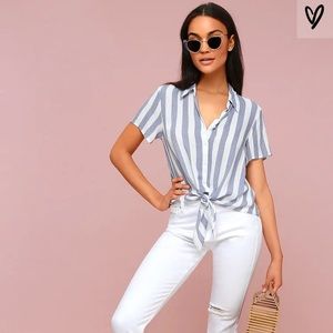 Navy Blue Striped Button-Up Tie-Front Top